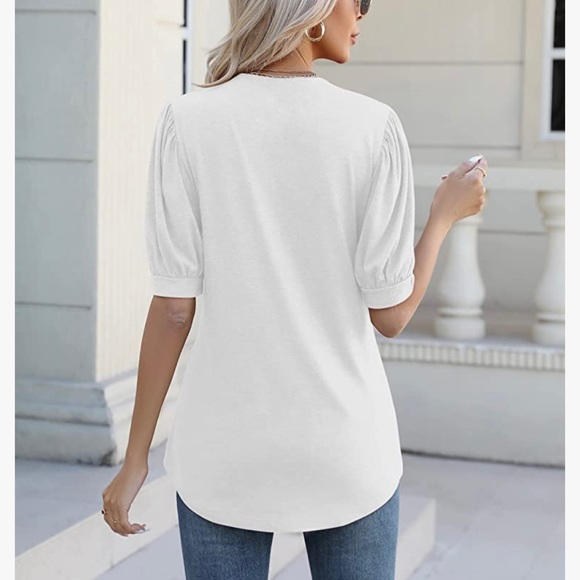 White V Neck Pullover Puff sleeve Tee pleated Size Small NWT - Picture 6 of 8